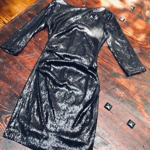 Parker Black Sequin Rouched Bodycon Dress w Lace